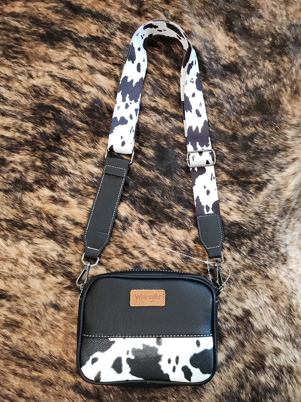 Wrangler Black and White Cowhide-Print Crossbody Bag